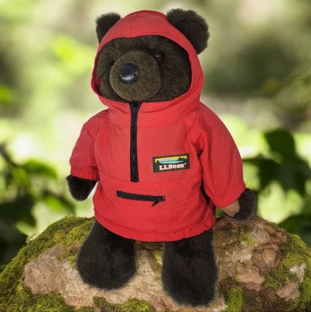 Vintage LL Bean Plush Brown Teddy Bear Red Rain Parka Anorak Jacket 16” Korea